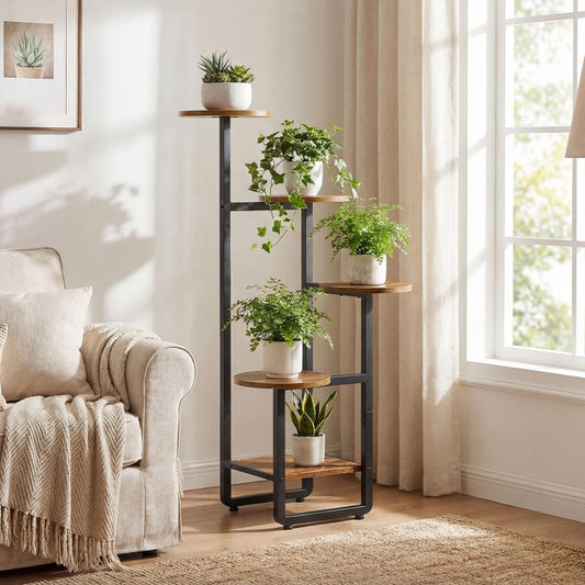 HOOBRO Plant Stand Indoor, 5 Tiered Plant Shelf for Multiple Indoor Plants, Square Corner Plant Stand for Living Room, Balcony, Patio, Rustic Brown and Black BF07HJ01