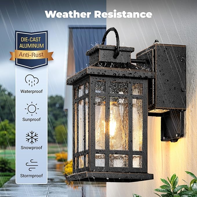 2-Pack Outdoor Wall Light with GFCI Outlet, Black Exterior Lighting Fixtures with Gold Trim, Dusk to Dawn Outdoor Lights for House Garage Coach, Outside Light with Outlet, Aluminum, Hardwired