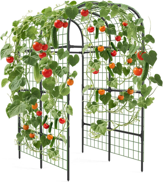 LALFPET Sturdy 7.3ft Metal Garden Arch Trellis for Raised Beds – Black Plant Support Frame – Supports Climbing Vegetables, Cucumbers, and Vines – Plastic Connectors – Color: None