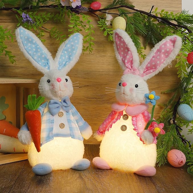 Juegoal 2 Pack Lighted Easter Bunny, 12.5" Handmade Huggable Rabbits Couple with Lights, Light Up Easter Basket Rabbits Easter Gift, Party Favor Figurine for Spring Tabletop Holiday Room, White