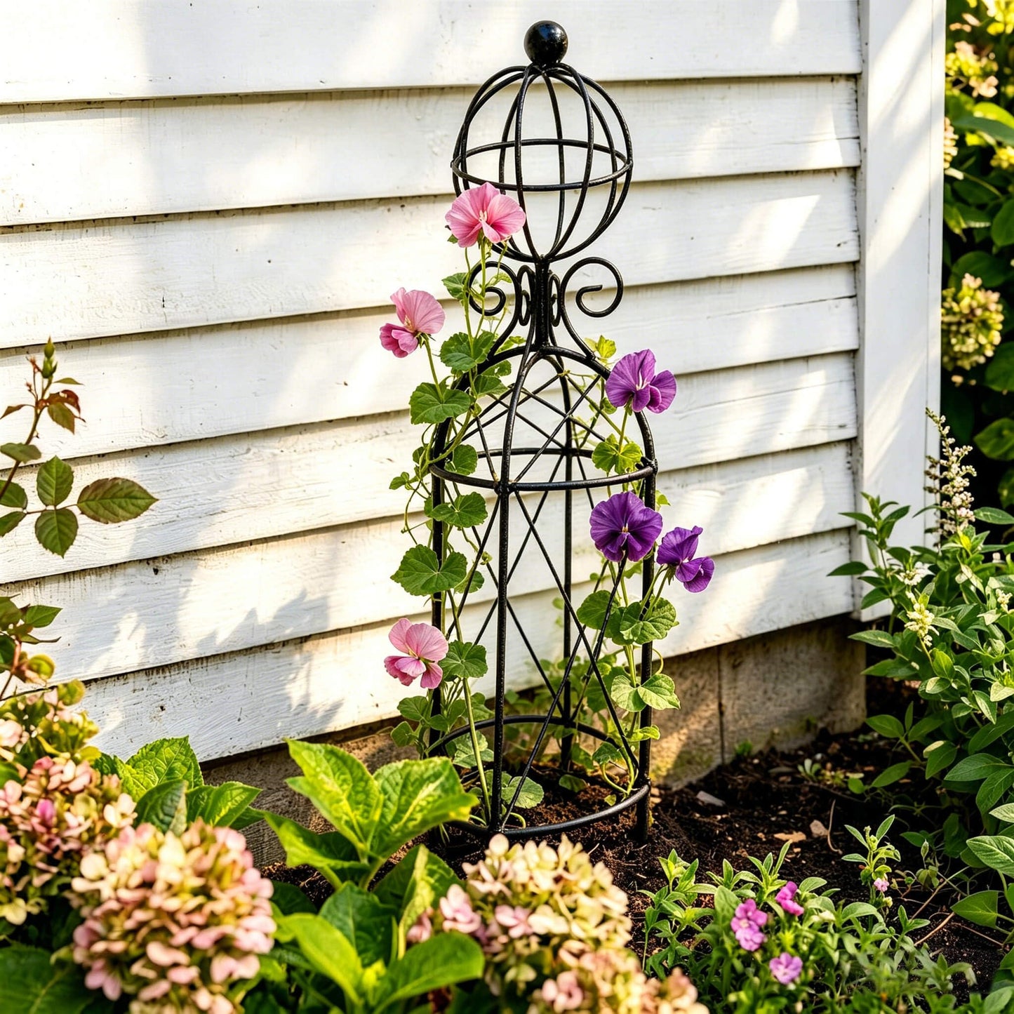 2-Pack Garden Obelisk Trellis, 28" Tall Black Iron Plant Support for Climbing Plants & Flowering Vines, Tool-Free Threaded Assembly, Decorative Accent for Patio Planters & Balcony Gardens