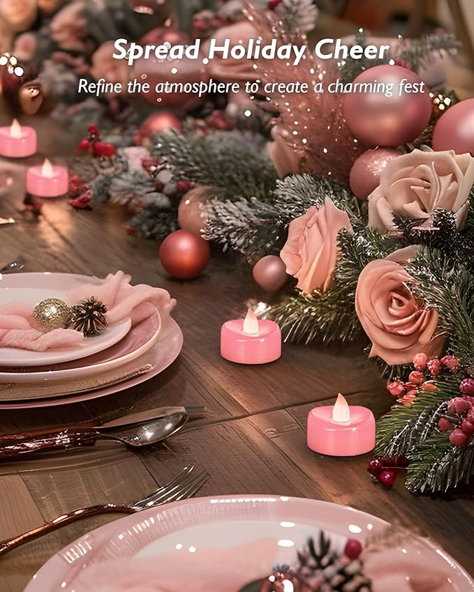 Flameless Candles, 12 Pack Tea Lights Candle Battery Operated, LED Tealight Votives, Realistic Tea Lights for Wedding Christmas Party Home Decor -D 1.5” x H 1.25” -Pink Light