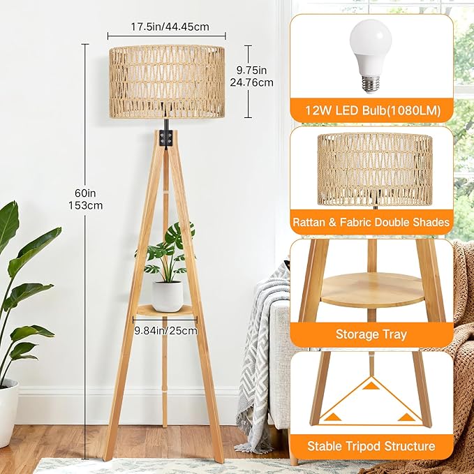 OUTON Boho Rattan Tripod Floor Lamp with Shelves, Remote Control, Dimmable Mid Century Modern Standing Lamp 58.5" for Bedroom, Living Room & Office, Lamp Shade Includes E26 9W Bulb, Wood