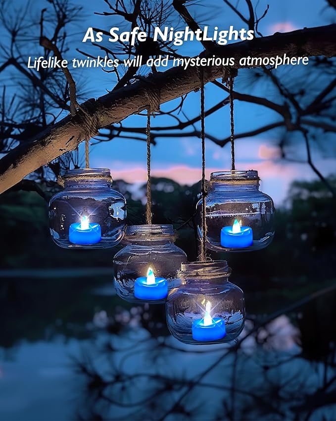 Flameless Candles, 24 Pack Tea Lights Candles Battery Operated, LED Tealight Candle, Realistic Tea Lights for Halloween Christmas Party Decor -D 1.5” x H 1.25” -Blue Candle