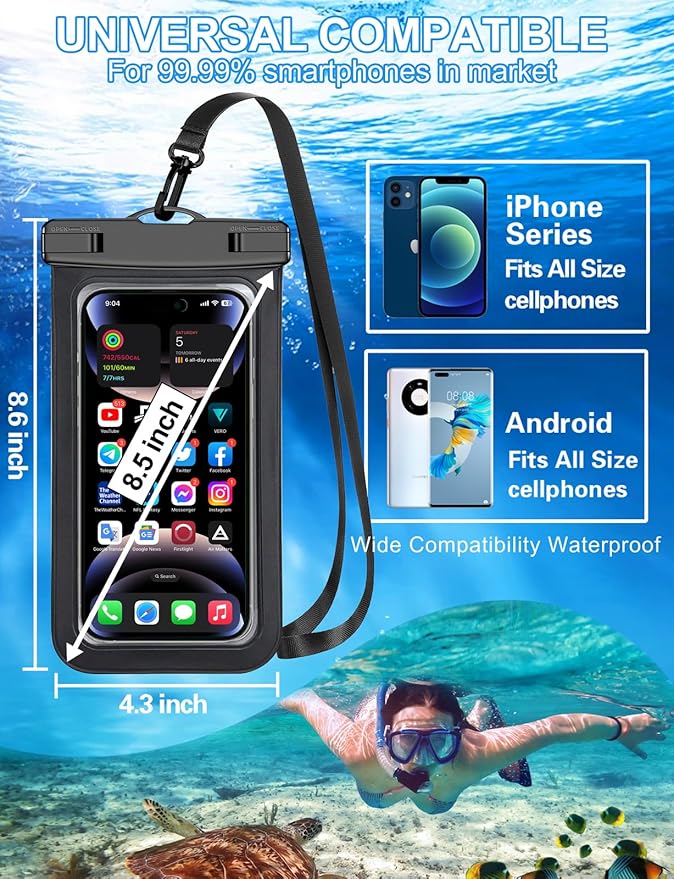 Famoby Up to 8.3" 3 Pack Multicolor Universal Waterproof Phone Pouch, Large Phone Waterproof Case Dry Bag,Protection Level: IP68,Outdoor Sports for Apple iPhone,Samsung,and More,Black,Blue,Pink