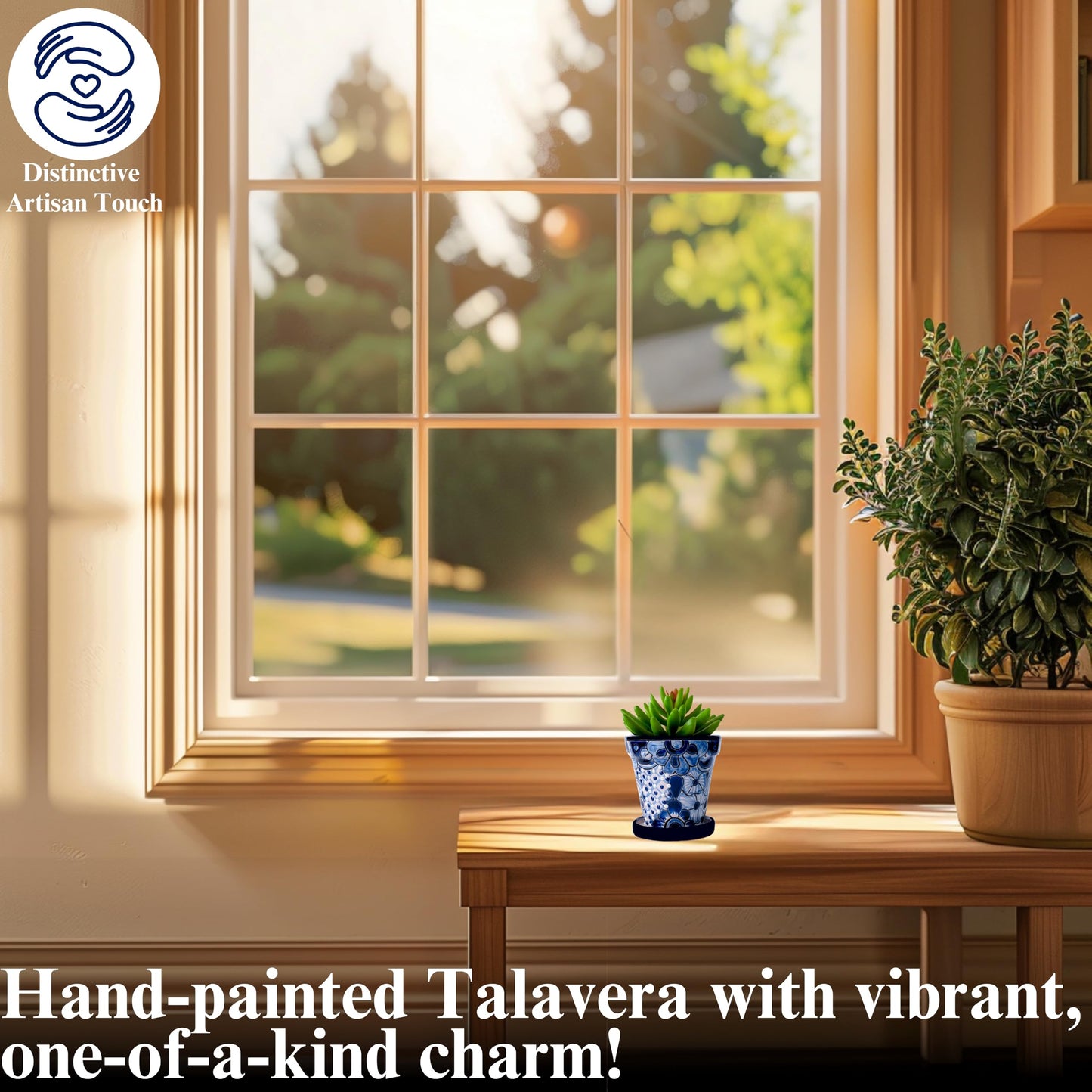 COBAZUL Mexican Pottery Planters - Talavera Planter - Succulent Pots - Ceramic Pots for Plants Indoor & Outdoor with Drainage Hole and Saucer - 4'' W x 4" H (White & Blue-Small)