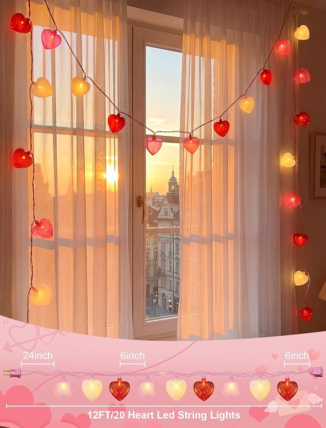 12Ft Red Pink White Heart String Lights, 20 LED 3D Glitter Hearts Plug in Fairy Lights, Connectable Waterproof Valentine's Day Decorations for Bedroom, Window, Wedding, Anniversary, Indoor Outdoor