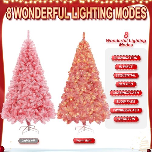 Juegoal 6 FT Artificial Christmas Tree - Spruce Hinged Design with 300 LED Warm White Lights | 8 Lighting Modes, Pink