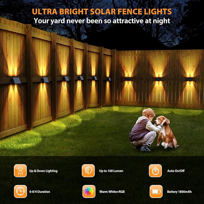Solar Fence Lights,6Pack Solar Lights Outdoor Warm White + RGB Up & Down Waterproof 100 Lumens Dusk to Dawn Large Solar Wall Lights for Backyard/Pool/Railing/Patio/Porch/Step/Wall