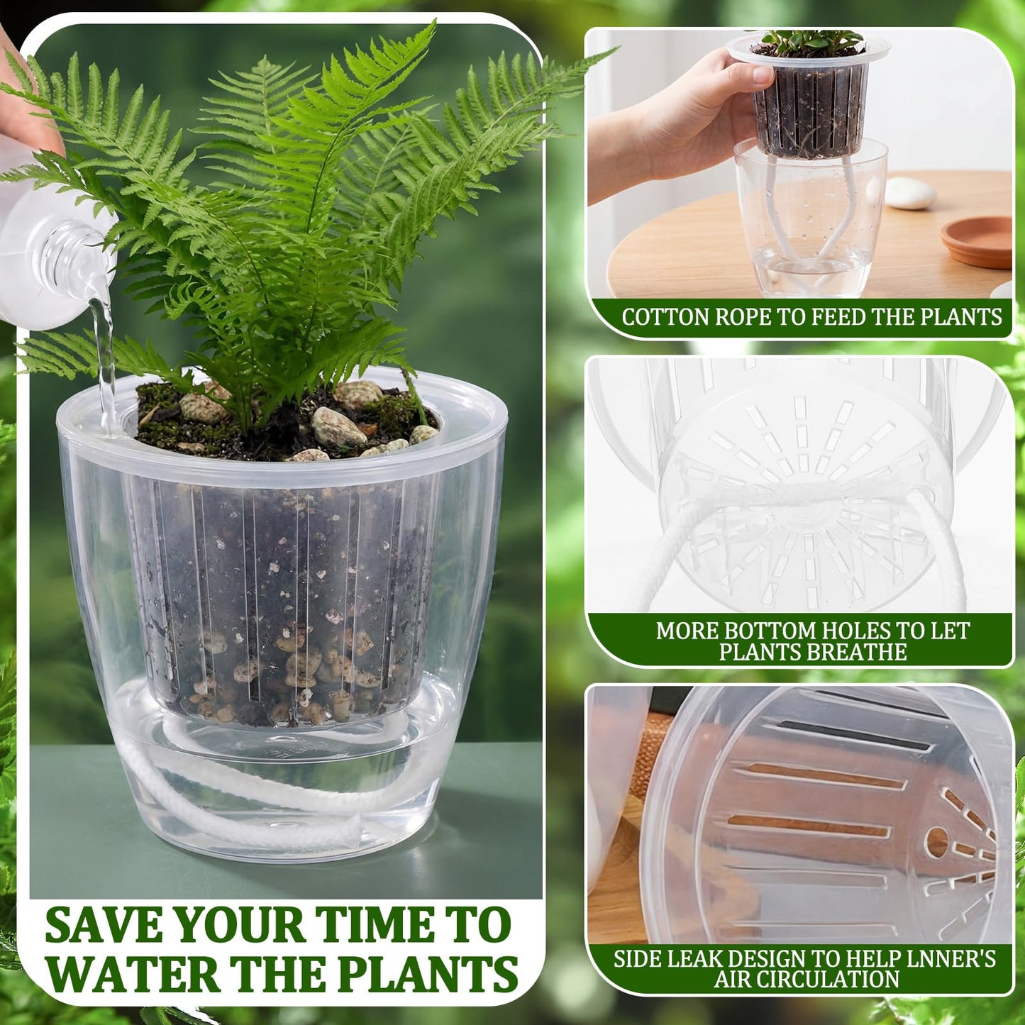 Ferrochef 36pcs Self Watering Pots 4.3 Inch Plastic Flower Plant Pot with Inner Pot Self Watering Wick Planter White Clear Flower Pots for Indoor House Plants Herbs, Flowers, Succulents (Transparent)