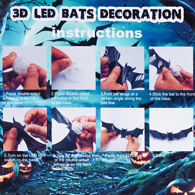 Halloween LED Bats Light Wall Stickers Glow in The Dark 3D Wall Decor for Home Decor Indoor Party Decorations (12, 5 Sizes)