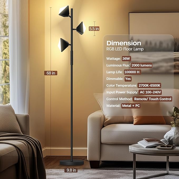 36W RGBCW Floor Lamp, Color Changing LED Tree Floor Lamp, Stepless Dimmable Tall Standing Lamp with Remote & Touch Control, 2700K-6500K Modern Floor Lamps for Living Room, Bedroom, Gaming Room - Black