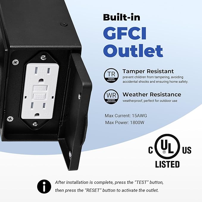 Outdoor Wall Lighting with GFCI Outlet, Modern Black Exterior Light Fixtures with Gold Trim, Aluminum Anti-Rust Outside Lights for House, Porch, Garage, Adjustable Sensitivity & Brightness