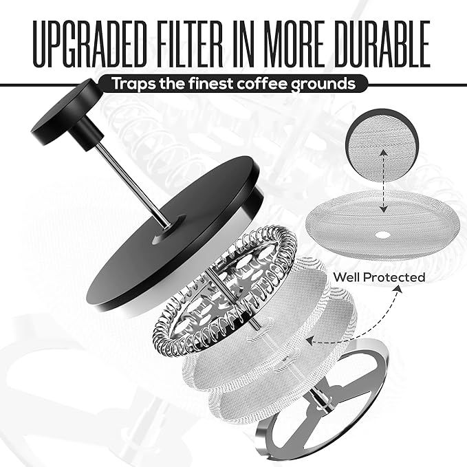 Utopia Kitchen 304 Grade Stainless Steel French Press Coffee Maker 12 Oz, Double Wall Insulated Coffee Press with 4-Level Filtration system, Include 2 Extra Filters, Rust-Free, Black