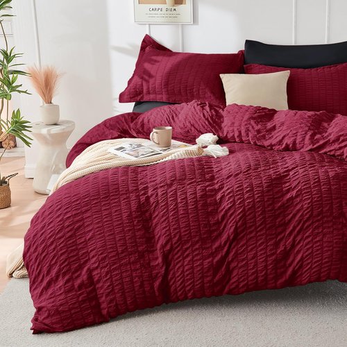 HYMOKEGE Queen Comforter Set - Red & Black Seersucker 7-Piece Luxury Bedding Set | All-Season Comfort