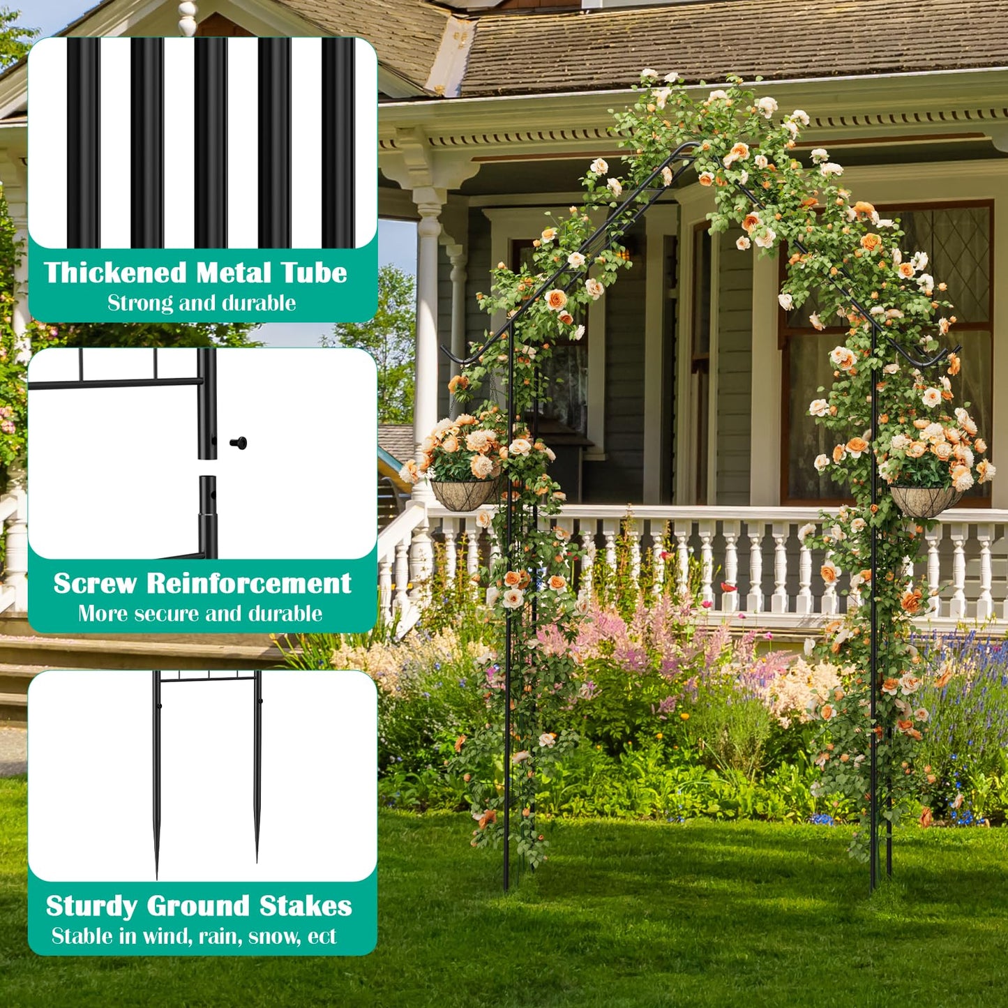 Garden Arch Arbor Trellis for Climbing Plants Outdoor 8.5Ft Metal Arch Trellis with Hooks Wedding Arch Backdrop Stand for Christmas Ceremony Party Backyard Decorations Pergola, Black