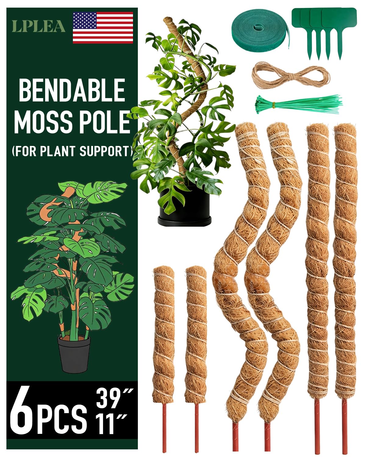 6 Pcs Moss Poles for Climbing Plants, 4 Pcs 39" & 2 Pcs 11" Tall Bendable Coco Coir Trellis Stakes - Indoor Plant Support for Monstera, Pothos- Handmade Moss Sticks for Potted Houseplants