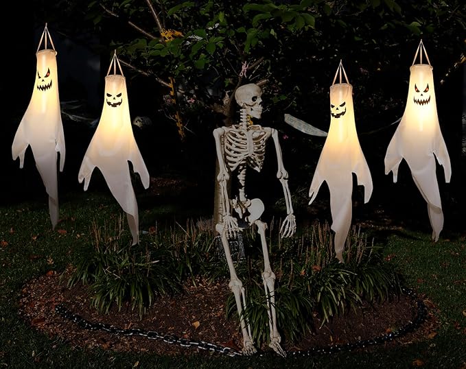 Halloween Ghost Decorations Outdoor: with Timer, 4 Pcs Spooky Hanging Ghost for Tree Porch Garden Yard, Waterproof LED Ghost Halloween Decor