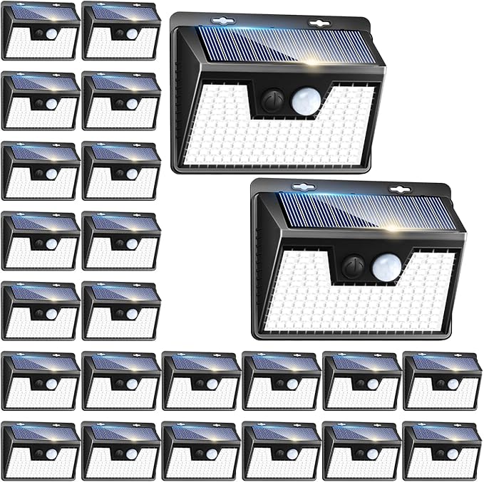 Peasur Solar Powered Lights Outdoor, 140 LED 24Pack Motion Sensor Light Outside, IP65 Waterproof Fence Security Lighting with 3 Modes for Yard Wall Garden Cool White