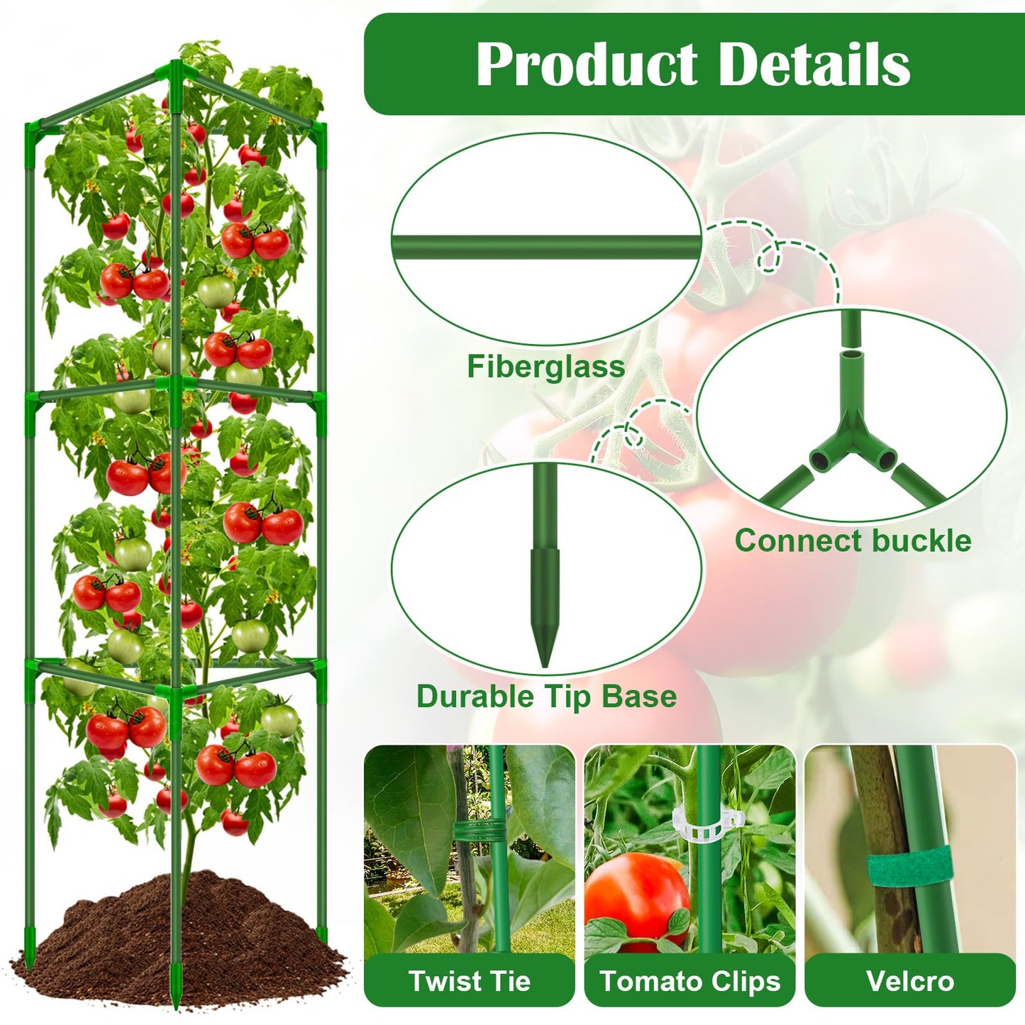 6 Packs Fiberglass Tomato Cages for Garden, 56 Inch Tall Tomato Plant Support, Adjustable Cucumber Stakes Plant Climbing Trellis for Garden Vegetables Fruits, Climbing Bean Support Cages with Clips