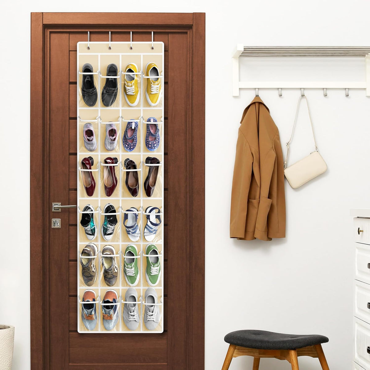 Simple Houseware 24 Pockets - Over The Door Hanging Shoe Organizer | Crystal Clear, Beige (64'' x 19'')