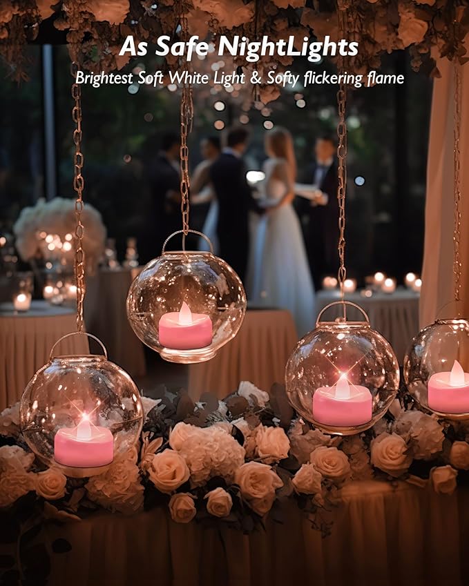 Flameless Candles, 12 Pack Tea Lights Candle Battery Operated, LED Tealight Votives, Realistic Tea Lights for Wedding Christmas Party Home Decor -D 1.5” x H 1.25” -Pink Light