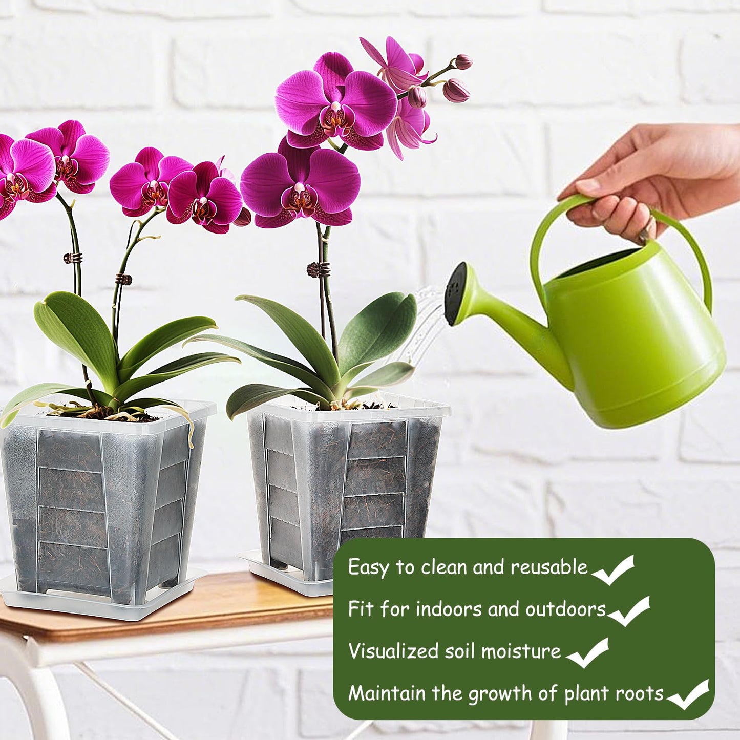 KIMERSE Square Orchid Pot, Clear Flower Pot 6 Pack 4 Inch, Root Control Planting Pots with Tray, Plastic Plant Pot for Home Balcony Orchids, Water Moss, Spider Plants