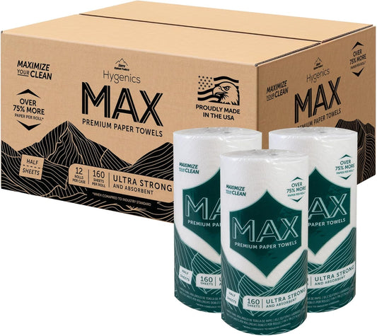 Sierra Hygenics Max 2-Ply Paper Towels - 160 Sheets Per Roll, 12 Rolls | Equivalent to 40 Regular Rolls