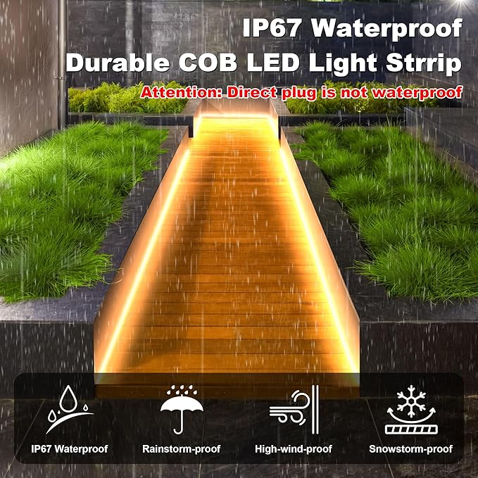 IP67 Waterproof COB LED Strip Lights AC 110V-120V Direct Plug, 66FT Super Bright Outdoor Strip Lights with Double Fuse Controller, 2700K Warm White LED Strips for Garden Patio Commercial Decor