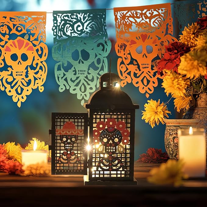 Day of The Dead Decorations, DECORKEY 13.4’’ Decorative Skull Women&Men Candle Lantern with 60" Lights(No Battery), Tabletop&Hanging Lantern for Indoor&Outdoor Yard Altar Table Party Halloween Decor