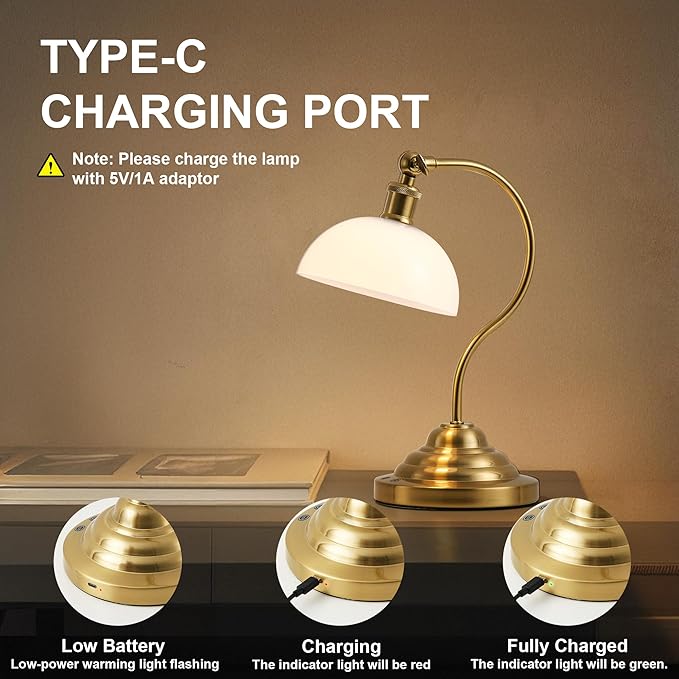 Cordless LED Table Lamp Set of 2, Battery Operated Desk Lamps with Swing Arm & Plastic Shade, Vintage Small Rechargeable Dimmable Light for Bedroom, Living Room, Nightstand, Brass/White