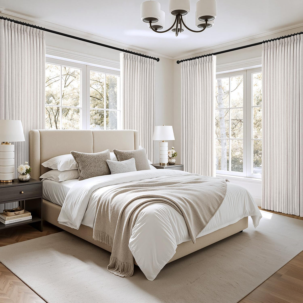 MIULEE Pinch Pleated Thick Linen Curtains - 90 Inch, 4 Panels, Semi-Sheer Light Filtering Drapes in Beige & White