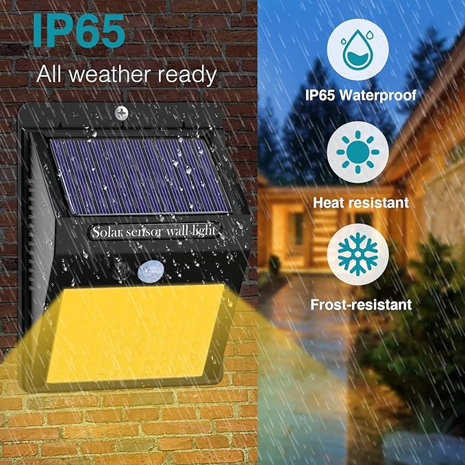 kolpop 4 Pack Solar Motion Lights Outdoor, 3 Modes/100LED Security Wireless IP65 Waterproof Wall Outdoor for Front Door, Backyard, Garage, Deck(Warm White)