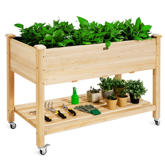 Giantex Raised Garden Bed on Wheels, Wood Planter Box with Legs, Liner, Drain Holes, Elevated Garden Bed for Vegetables, Standing Garden Container for Backyard, Patio, 47.5" LX 23.5" WX 33" H