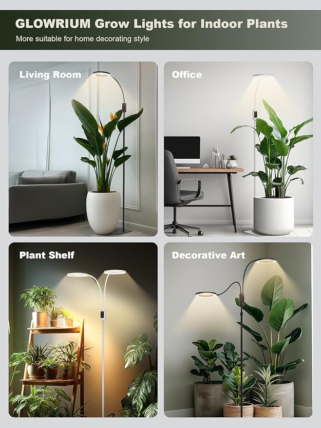 GLOWRIUM Smart Grow Lights for Indoor Plants, 24W Full Spectrum Plant Lights with Bluetooth App, Adjustable Height 47-70.9", Auto Timer, Indoor Plant Lamp for Large Tall Plants（Black 24W）