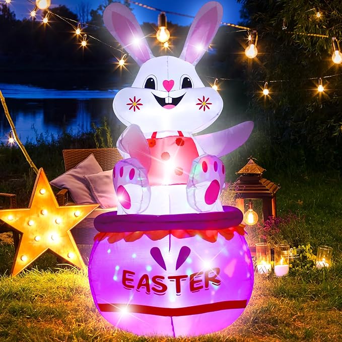 5FT Easter Bunny Inflatable Outdoor Decorations Build-in LED Lights,Cute Easter Rabbit Egg Blow Up Indoor Outdoor Decor, Spring Summer Outdoor Decor,Holiday Addition for Party,Yard,Garden, Lawn
