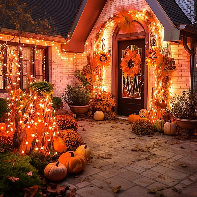 JMEXSUSS 600 LED Thanksgiving Lights Outdoor, Orange Christmas Lights Plug in, Orange String Lights Clear Wire for for Indoor Room Yard Tree Fall Thanksgiving Decorations