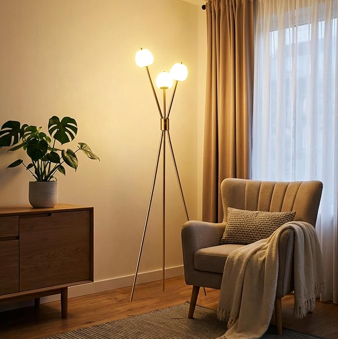 Fiqevs Dimmable Tripod Floor Lamp for Living Room, 3 Globe Modern Gold Floor Lamp with Elegant Frosted Sphere Glass Shade and LED Bulbs, Standing Tall Lamp for Bedroom, Office - Antique Brass