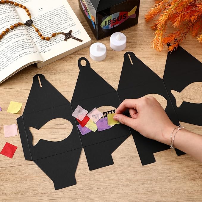 12 Sets Easter Crafts Religious Fish Crafts with LED Candle Light DIY Faith Jesus Fish Tissue Paper Kits Religious Hanging Ornament for Church Sunday School VBS Classroom Activities