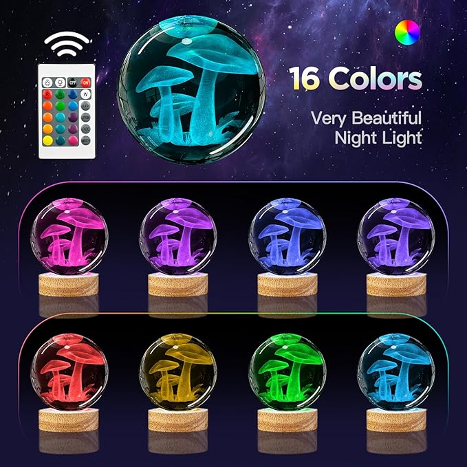 3D Crystal Ball Night Light with Wooden Base, Mushroom Glass Ball Lamp with 16 Colors and Remote Control - Cool Desk Decor Gift for Kids and Friends