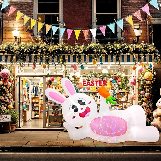 OurWarm 8FT Easter Inflatables Outdoor Decorations, Lying Inflatable Easter Bunny Decor, Easter Bunny Blow up Inflatable with LED Lights, Easter Blow Ups for Outside Holiday Roof Lawn Yard Decor