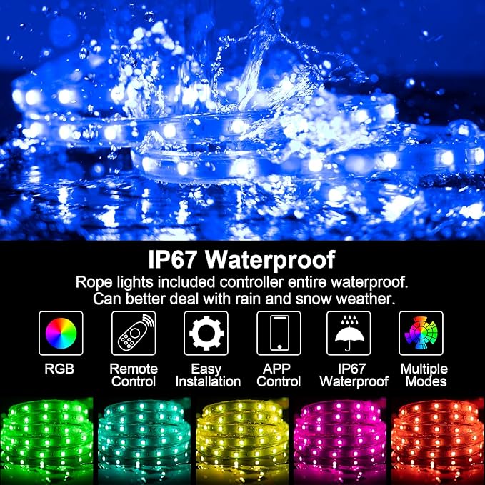 100ft Outdoor LED Strip Lights Waterproof,RGB LED Rope Lights Outdoor Waterproof Color Changing APP Remote Control Music Sync,36LED/m Flexible Rope Lights for Outside Camper Pool Deck Christmas