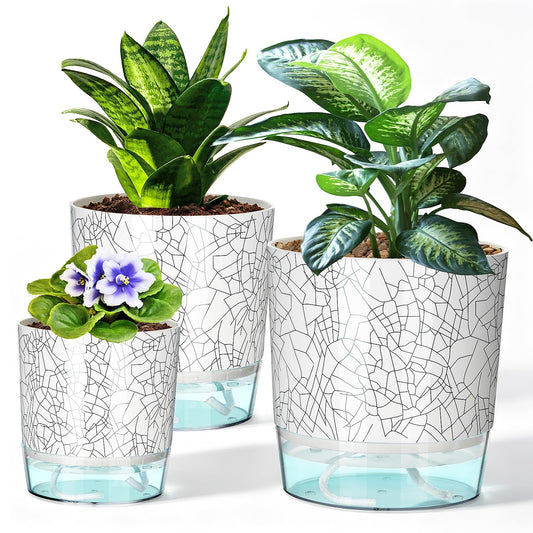 Samhe 3 Pack Self Watering Pots for Indoor Plants, 4+5.5+6.3 Inch Self Watering Plant Pots, Flower Pots with Wick Rope and Reservoir - Crack Texture