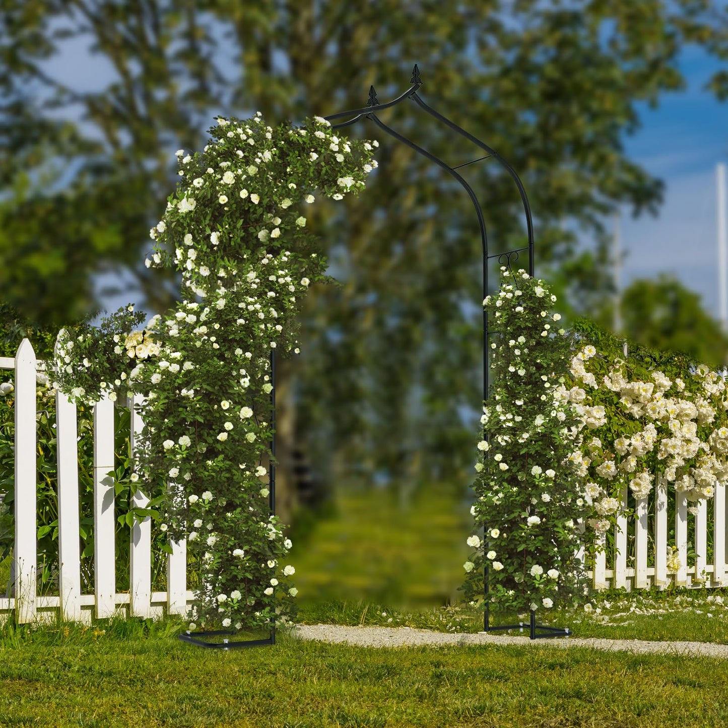 OUSHENG 7FT Garden Arch Trellis, Outdoor Steel Arbor for Climbing Plants, Archway Frame Stand Gate with Ground Stakes for Wedding Ceremony Decoration Party Vines Lawn Courtyard Patio Backyard