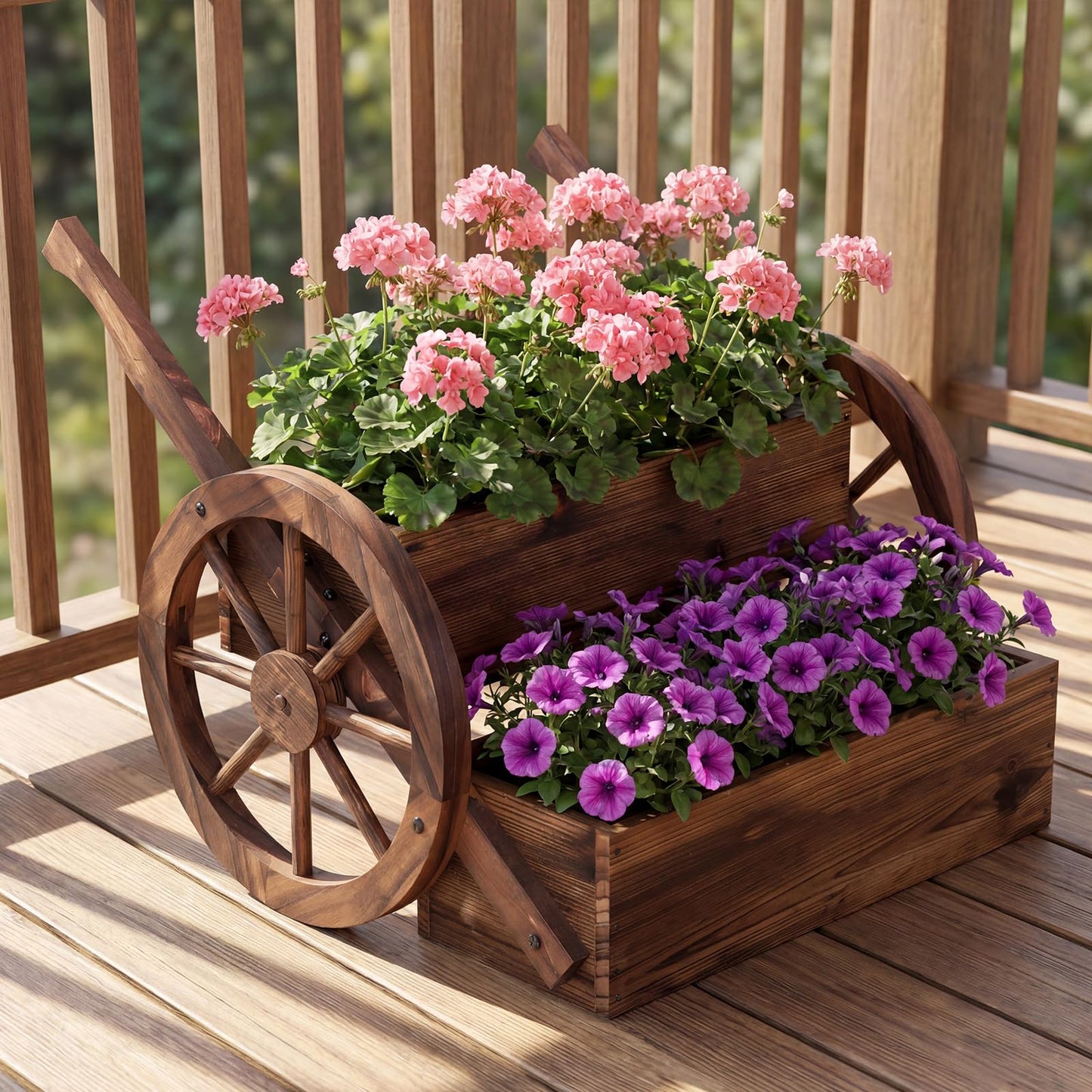 Giantex Wooden Wagon Planter Box, Rustic Garden Planter with Wheels, Handles & Drainage Holes for Flowers Herbs Vegetables, Indoor Outdoor Decorative Flower Cart for Patio Balcony (1)
