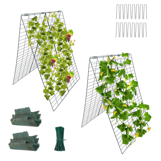 Garden Cucumber Trellis A-Frame Folding Plant Trellis 48 Inch by 34 Inch for Climbing Vegetables Flowers Green 2 Pack with Clips,Cable Ties and Ground Stakes