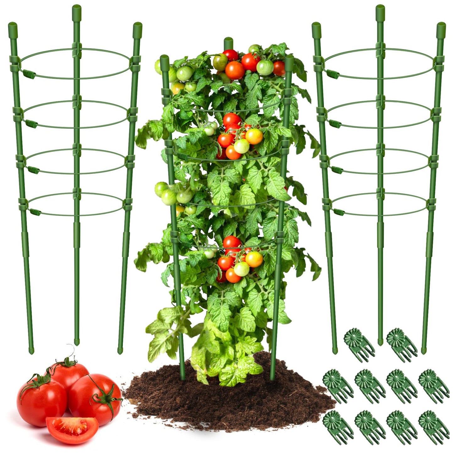 Legigo 3 Pack 30 Inch Plant Support Cages Tomato Cage for Garden- Plant Cages Adjustable Rings, Tomato Plant Support Stakes Trellis for Pots, Peppers, Cucumbers and Flowers with 10 Plant Clips