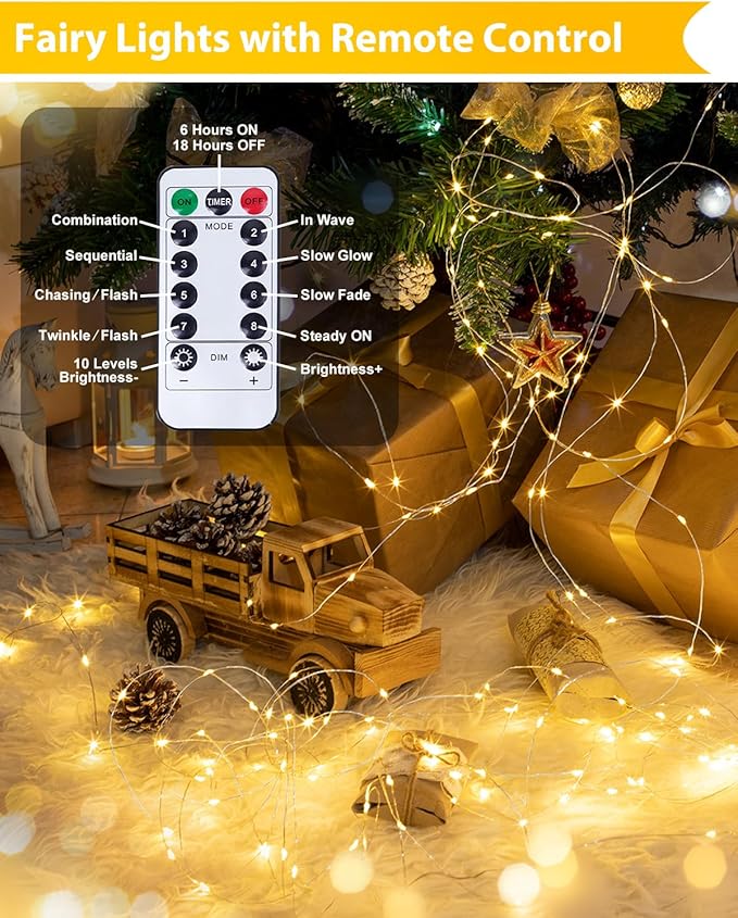 6 Pack 100LED Christmas Battery Operated Fairy Lights with Remote, 8 Modes String Light with Timer, Dimmable, Memory Function, Waterproof Twinkle Lights for Outdoor Indoor Christmas Decor(Warm White)