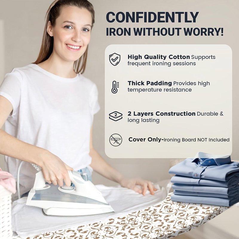 UniSimp Ironing Board Cover and Pad 18"x49" Extra Thick Natural Cotton, Scorch and Stain Resistant Iron Board Cover,Wide Ironing Board Cover with Fasteners Heavy Duty Heatproof Elastic Edge Taupe