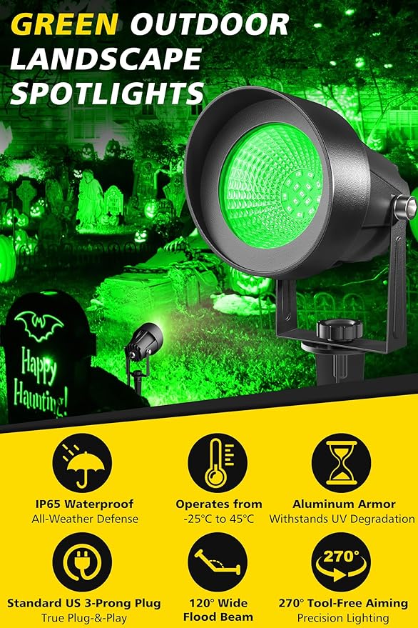 T-SUN Green Spotlight Outdoor, Waterproof LED Landscape Lighting with US Plug, Easy Install 270° Adjustable Outdoor Spot Lights for Garden Tree Yard Decor, 6 Pack
